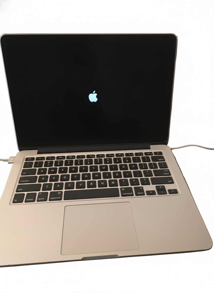 Open laptop on a reflective surface with a blurred background