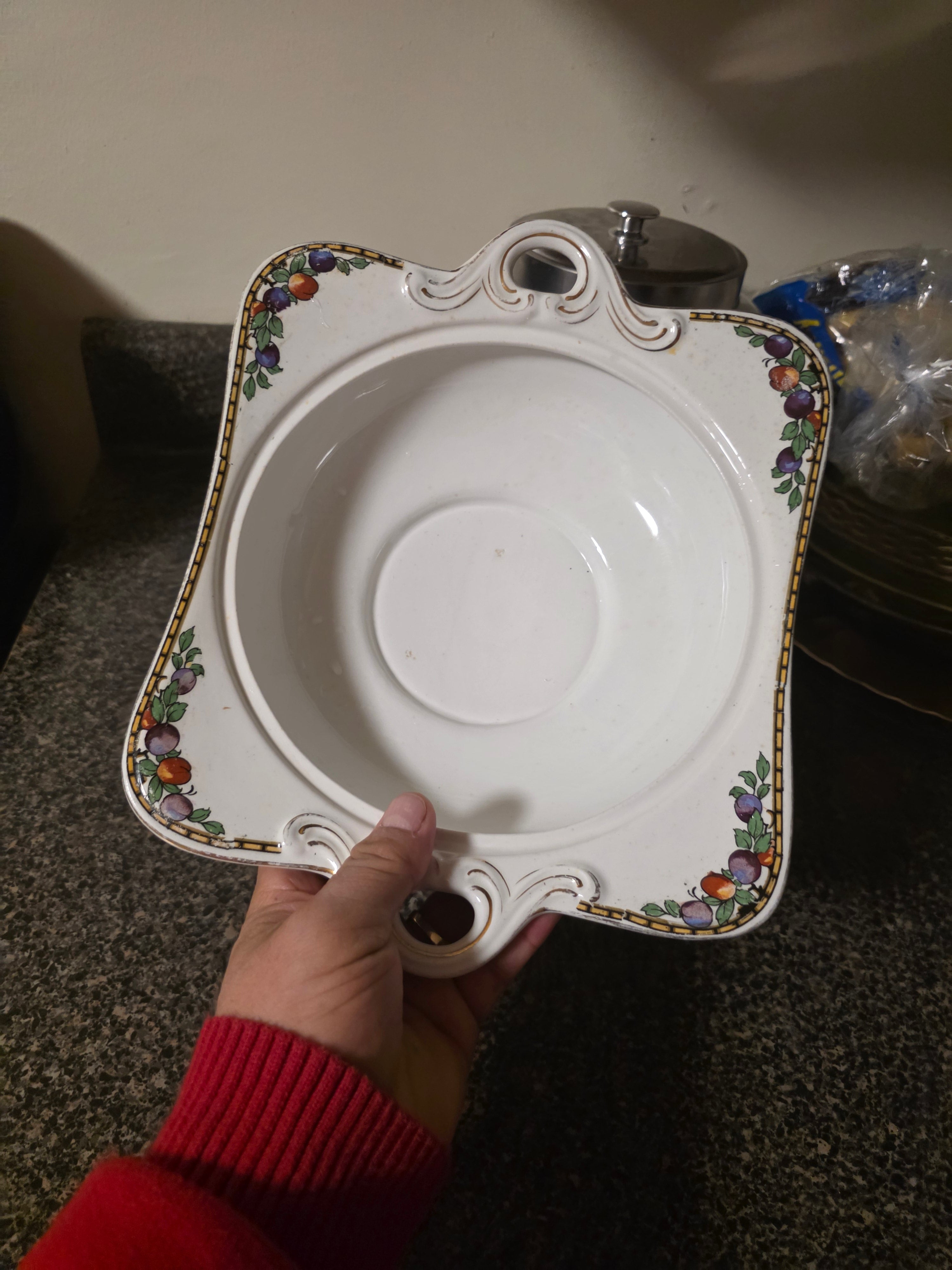 Vintage Royal Crest England Ceramic Serving Bowl with Fruit Border & Ornate Handles