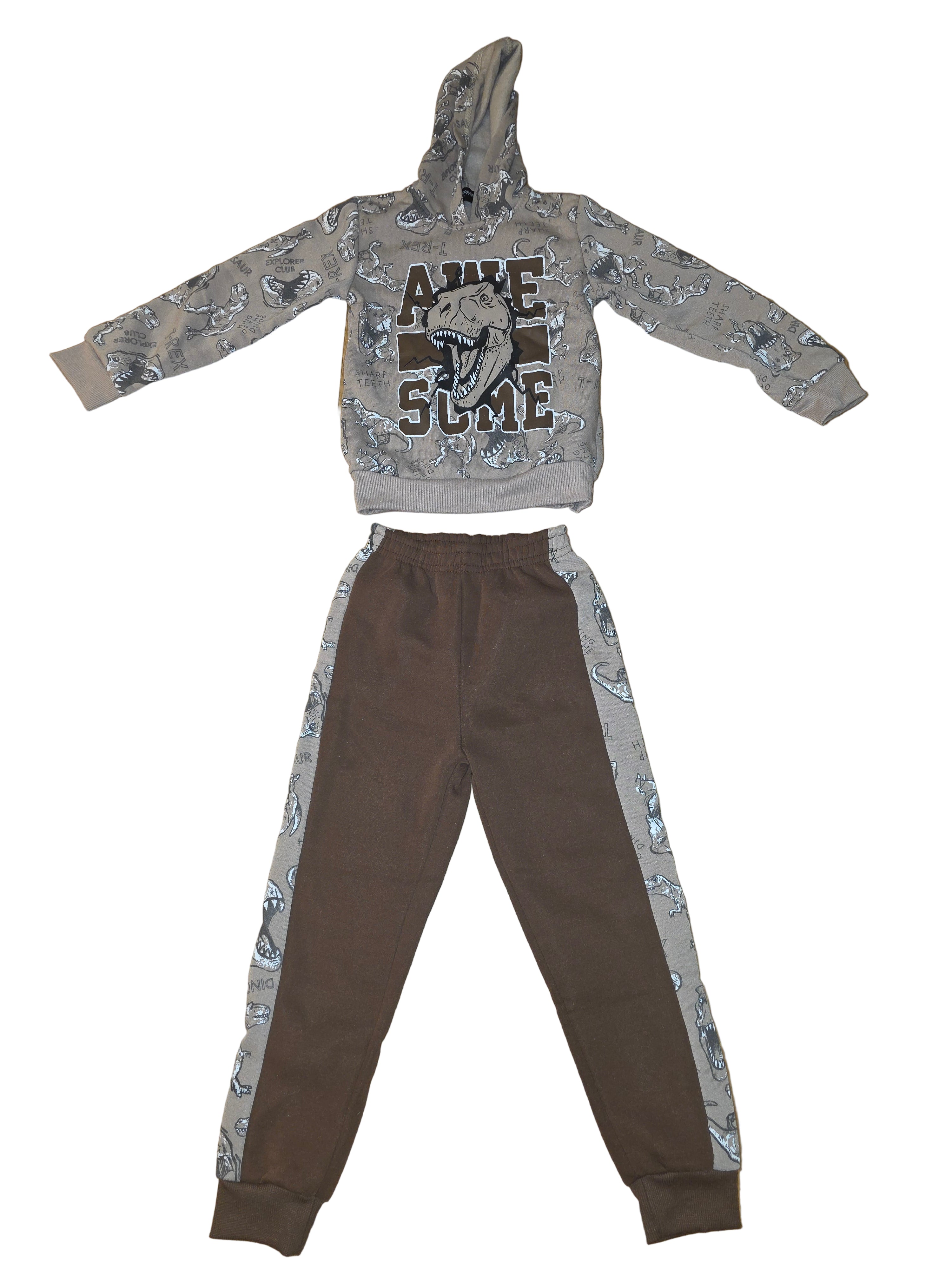 Gray hoodie and brown pants laid out on a wooden floor