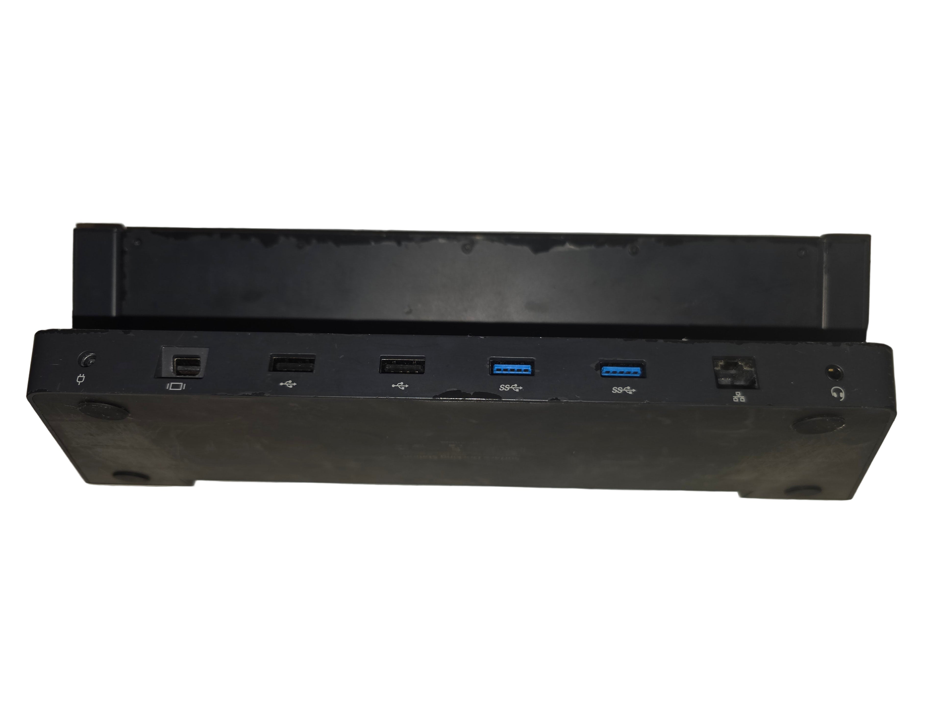 Black electronic device with multiple ports on a light gray background