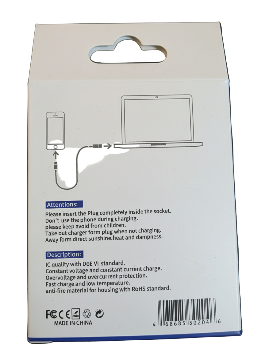 Back of a packaging box with text and icons on a dark background