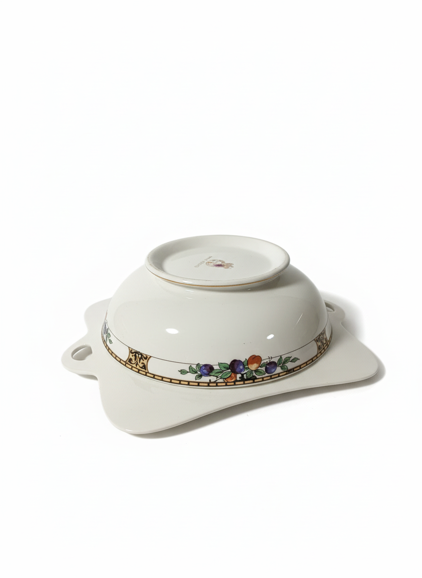 Vintage Royal Crest England Ceramic Serving Bowl with Fruit Border & Ornate Handles